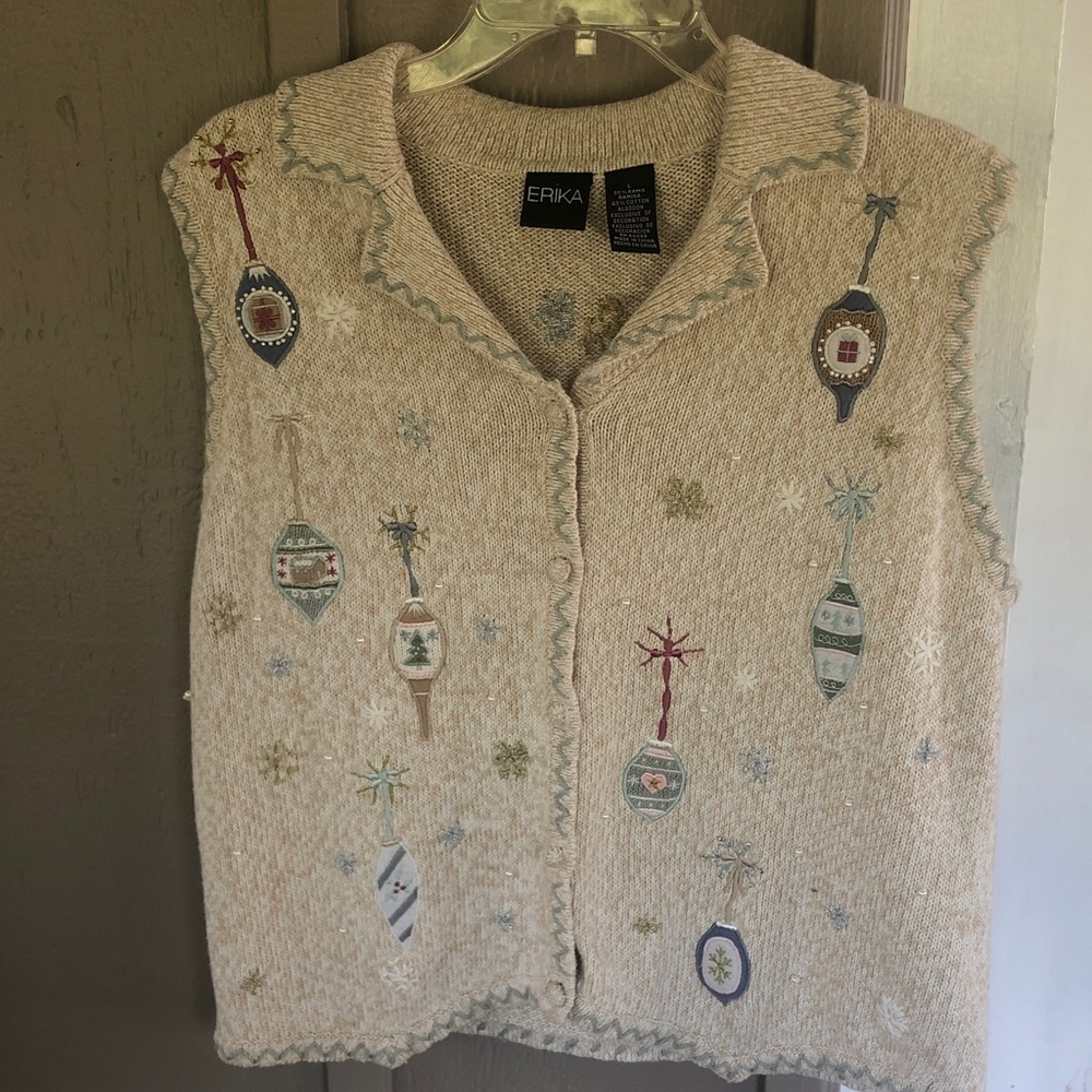 Vintage Erika Beige Christmas Ornament Snowflake Embroidered Sweater Vest Size L